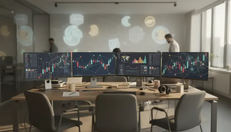 Bureau moderne avec graphiques blockchain IA cryptomonnaie 2026
