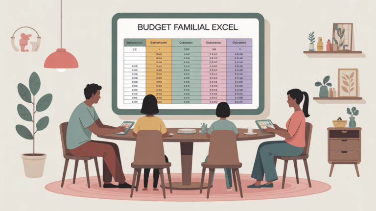 Scène famille autour tableau excel budget familial gratuit