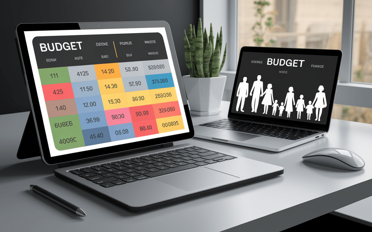 Tableau excel budget familial gratuit affiché tablette et ordinateur