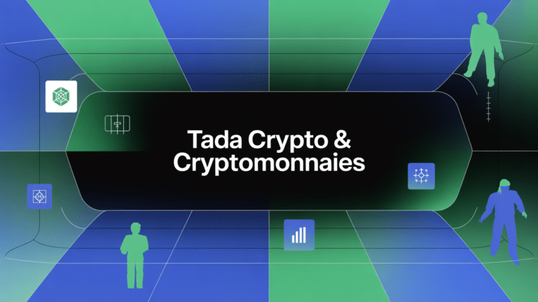 Vue stylisée de tada crypto, symboles blockchain et data