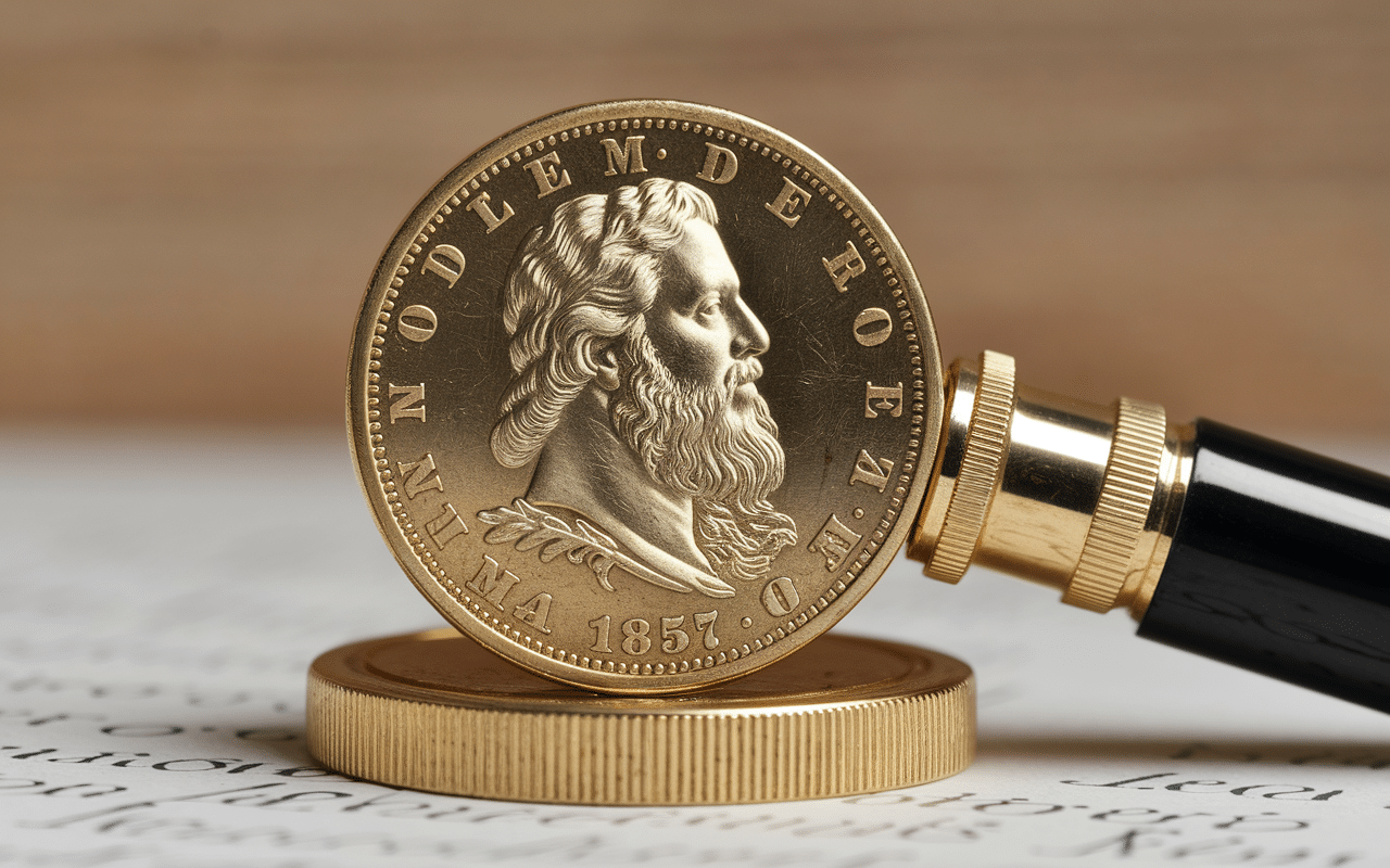 zoom valeur d'un louis d'or napoleon 20 francs 1857 sous loupe