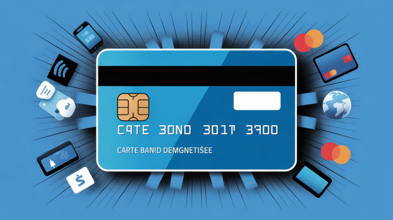 Carte bancaire démagnétisée fond bleu et symboles paiement