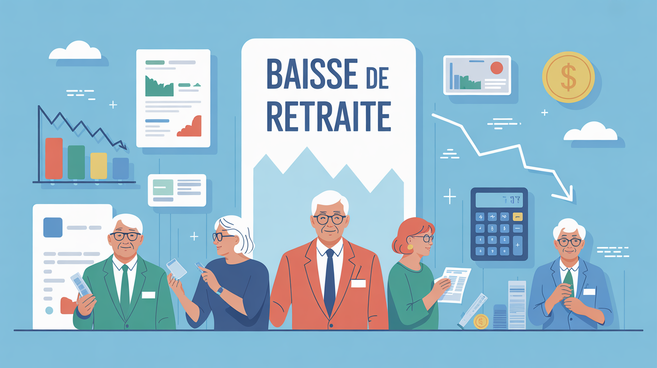 Illustration baisse des retraites silhouettes seniors et documents