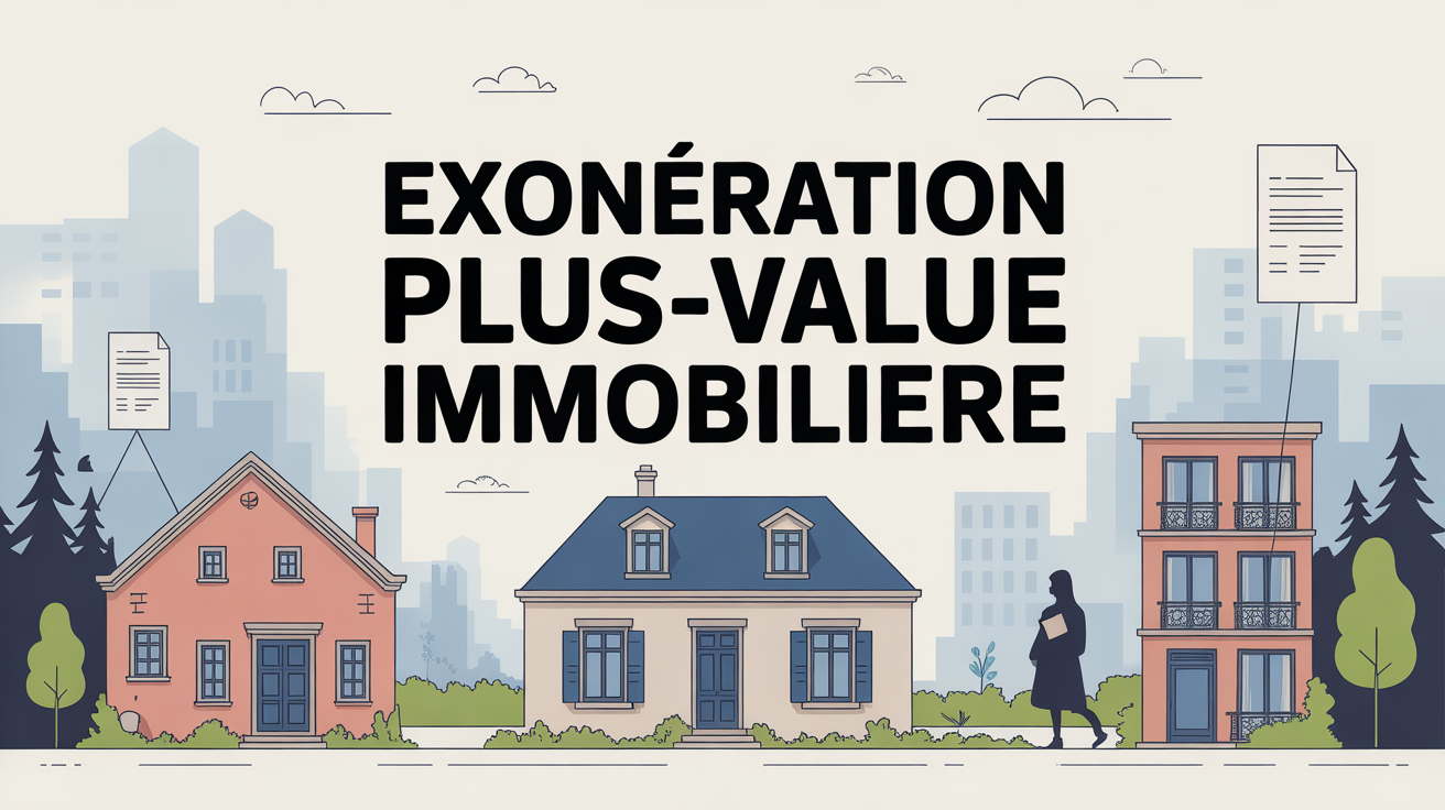Scène stylisée exonération plus value immobilière, maison et immeuble, documents