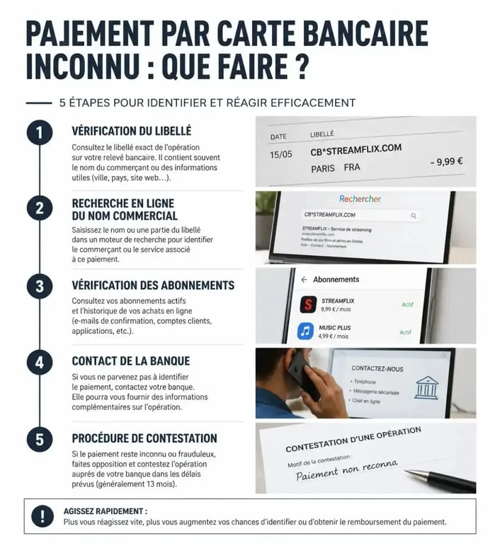 Infographie des étapes pour retrouver l'origine d'un paiement par carte bancaire inconnu