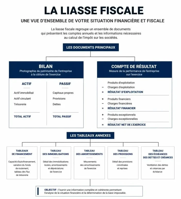 Schéma de la composition d'une liasse fiscale incluant bilan, compte de résultat et annexes