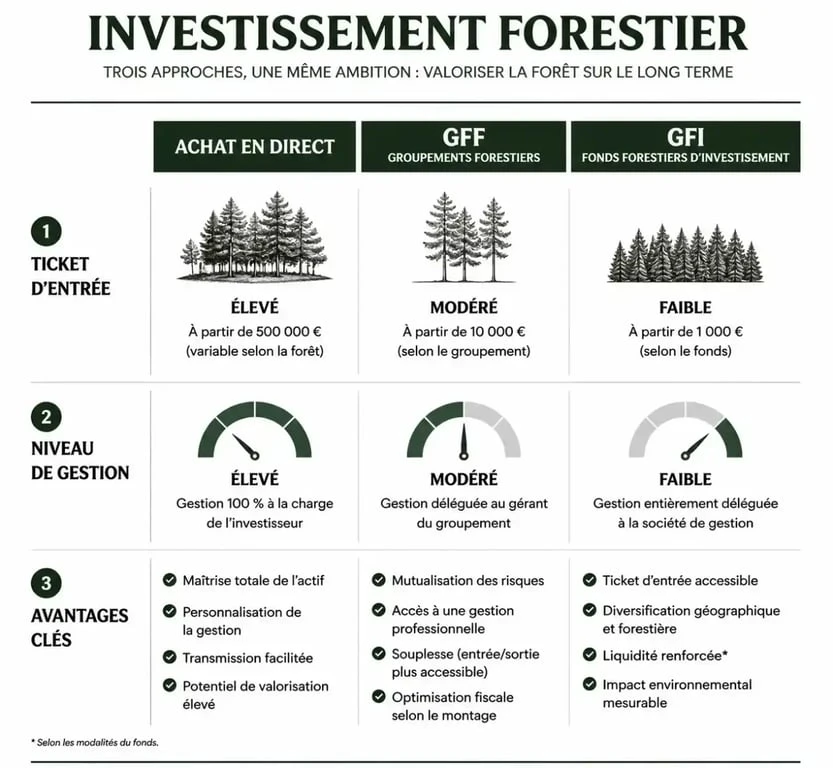 Infographie comparative des modes d'investissement forestier : achat direct, GFF et GFI pour investir dans la forêt.