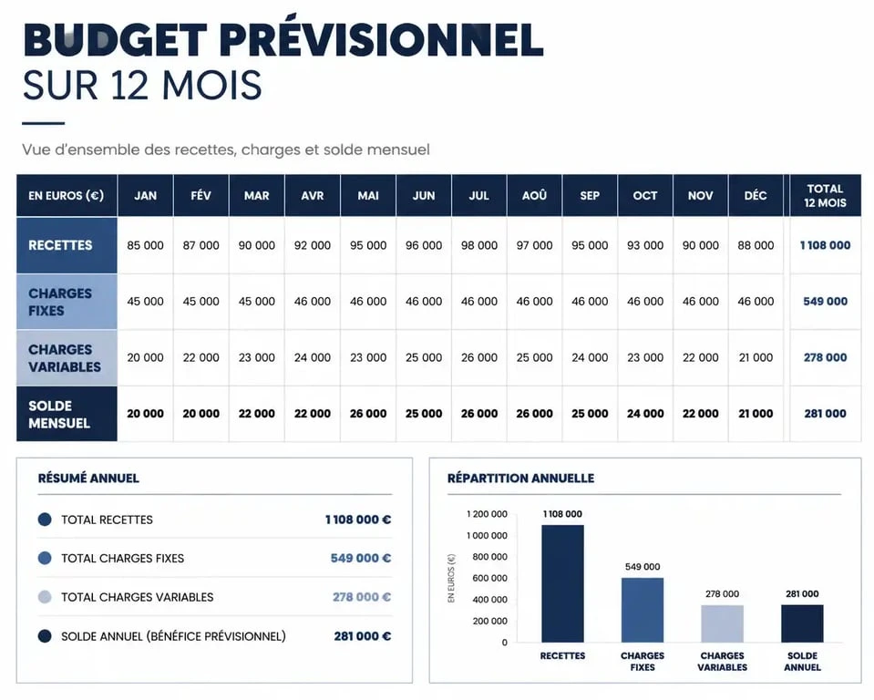 Infographie illustrant la structure d'un exemple de budget prévisionnel sur 12 mois