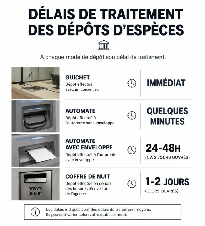 Infographie des délais de dépôt d'espèces sur un compte bancaire selon le mode de dépôt