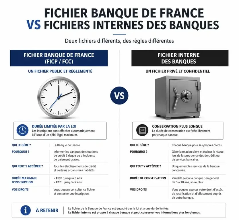 Infographie comparative entre le fichage Banque de France et les fichiers internes des banques pour comprendre les refus de crédit après défichage.