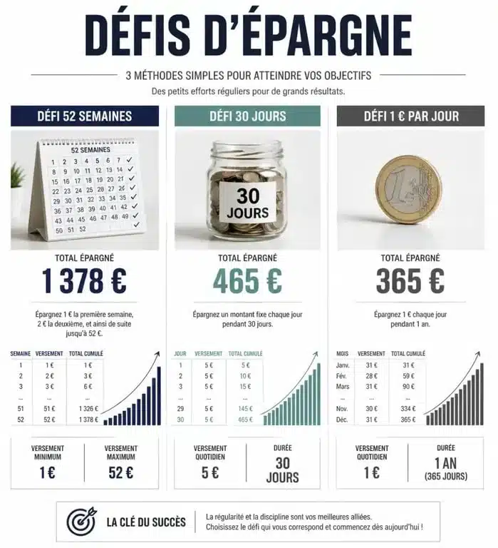 Infographie comparative des différents défis budget à imprimer pour économiser de l'argent