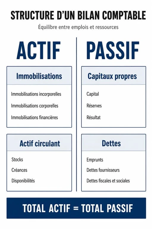 Schéma explicatif de la structure d'un bilan comptable pour apprendre comment analyser un bilan comptable