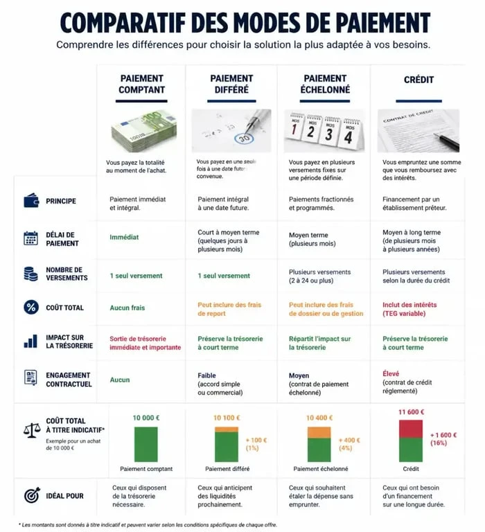 Comparatif des modes de paiement : comptant, différé, échelonné et crédit