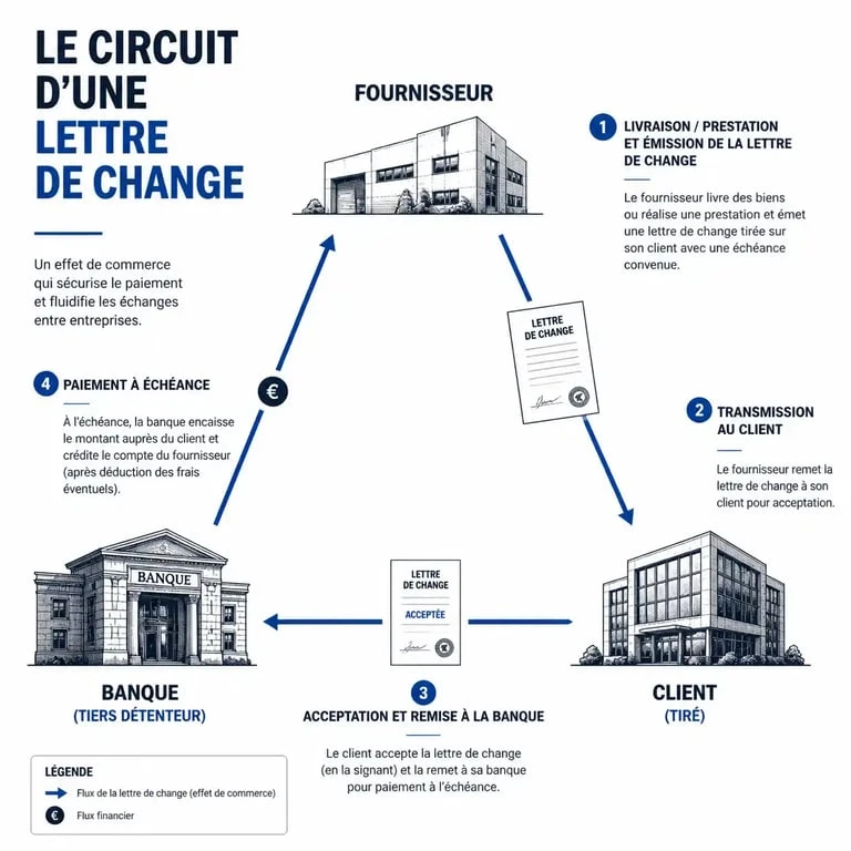 Schéma du fonctionnement du paiement par traite entre le tireur, le tiré et le bénéficiaire
