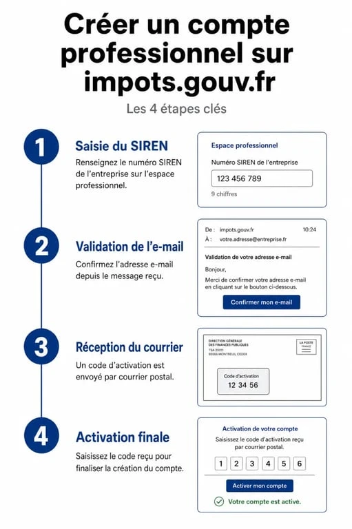 Étapes de création de l'espace professionnel sur impots.gouv.fr