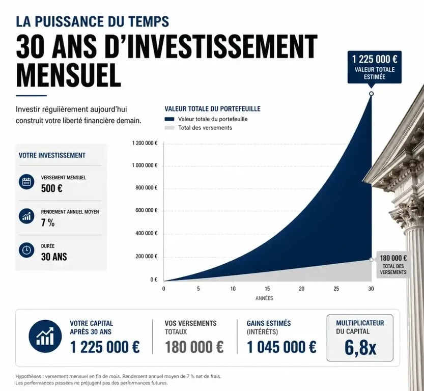 Graphique illustrant la puissance des intérêts composés pour investir en bourse avec un petit budget