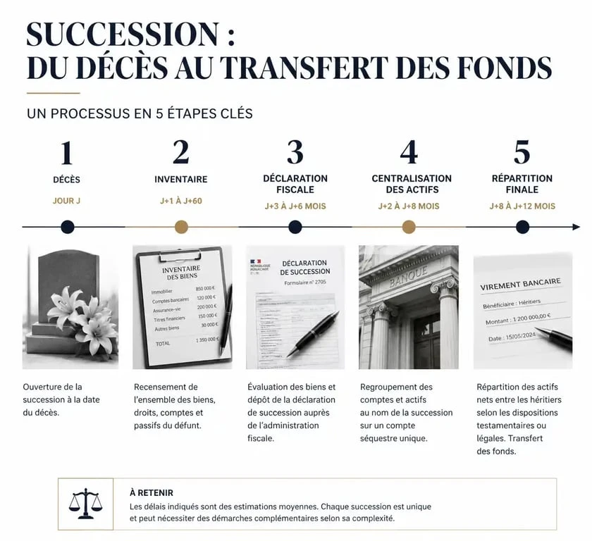 Infographie des étapes et délais d'un virement de succession par le notaire