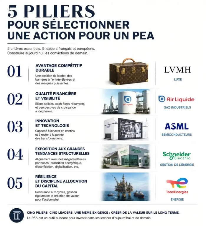 Infographie des 5 meilleures actions PEA pour un portefeuille diversifié et performant