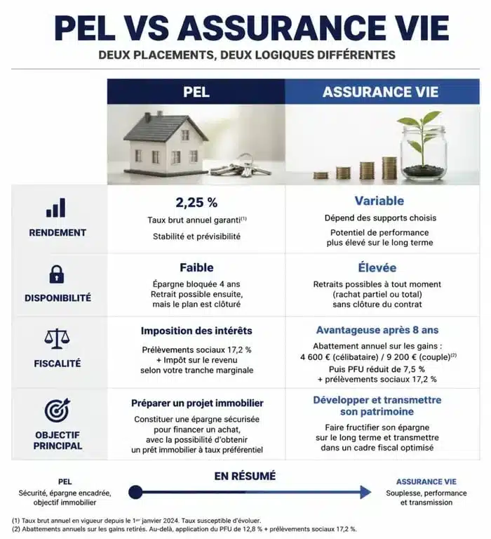 Infographie comparative PEL vs Assurance Vie pour choisir son placement financier