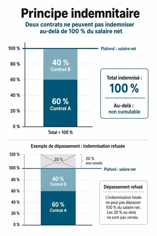 Infographie sur le cumul d'assurance maintien de salaire et le respect du plafond de 100% du revenu net