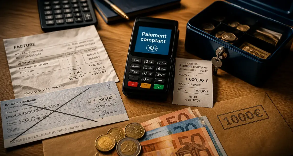 Paiement comptant def : facture, chèque et reçu au comptoir
