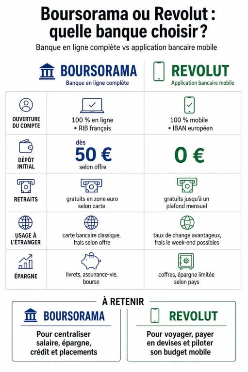 Boursorama ou Revolut : comparatif visuel des frais, retraits, voyage et épargne