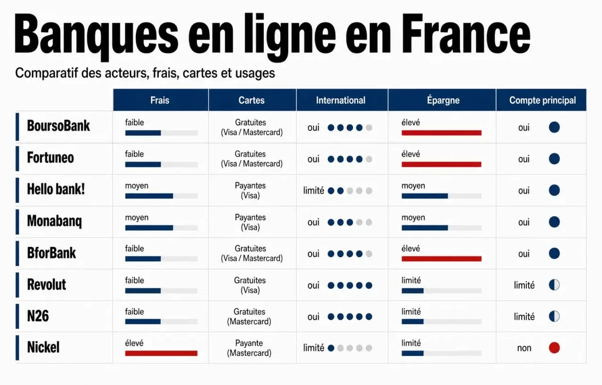 Liste des banque en ligne en France : illustration comparative des principales offres, frais et usages