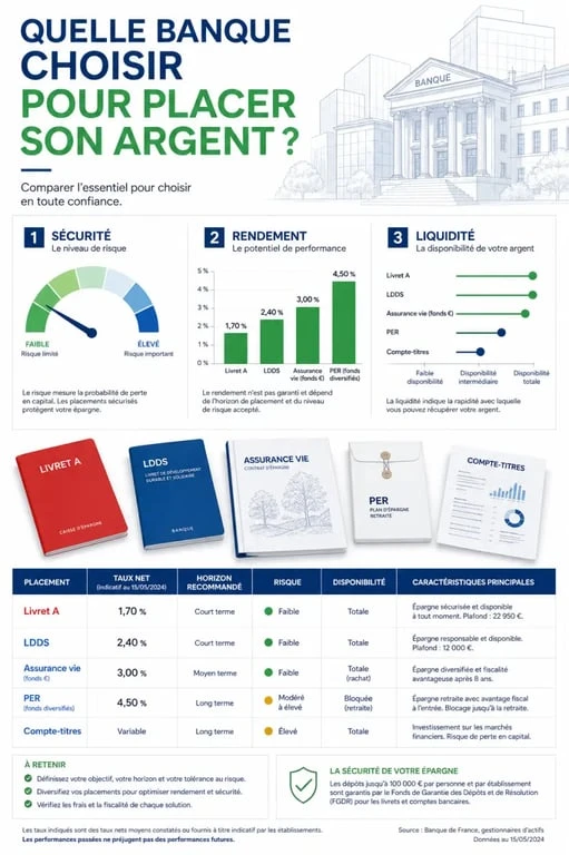 Meilleur banque pour placer son argent : illustration comparative sur la sécurité, le rendement et la liquidité des placements