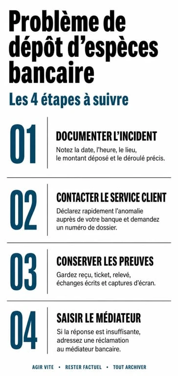Infographie des étapes à suivre en cas de problème lors d'un dépôt d'espèces à la Caisse d'Épargne