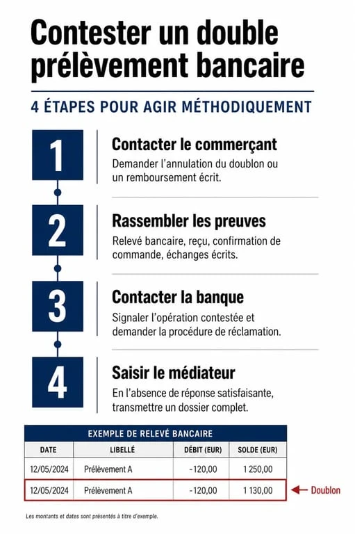 Schéma des étapes pour contester un paiement par carte bancaire prélevé 2 fois