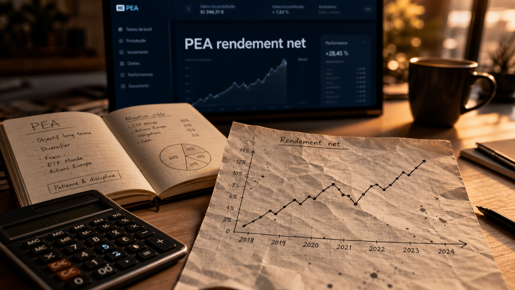 Plan épargne action rendement : calcul du PEA et rendement net, frais et fiscalité