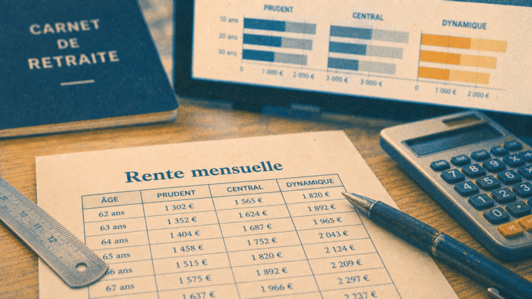 Simulation placement avec rente mensuelle : 240 mois, taux net et fiscalité