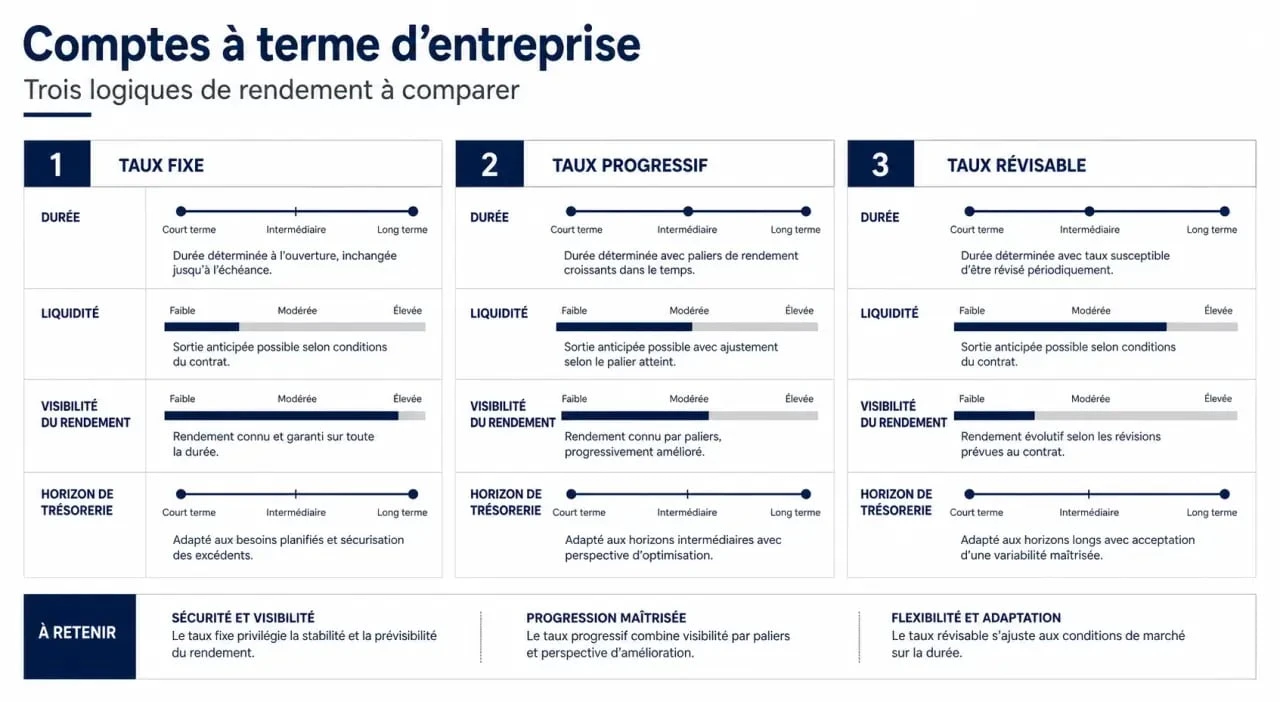 Compte à terme pour entreprise : comparatif visuel des taux fixe, progressif et révisable