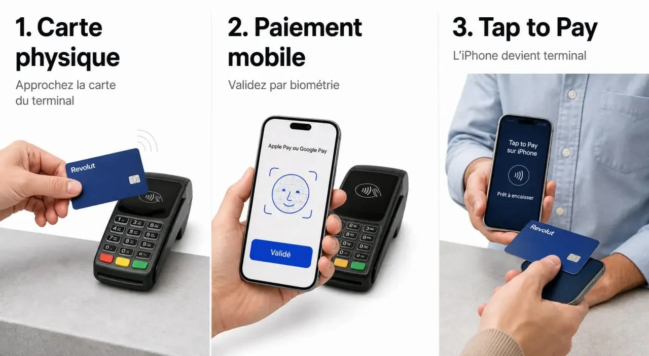 Paiement sans contact revolut : carte physique, Apple Pay, Google Pay et Tap to Pay sur iPhone en illustration éditoriale