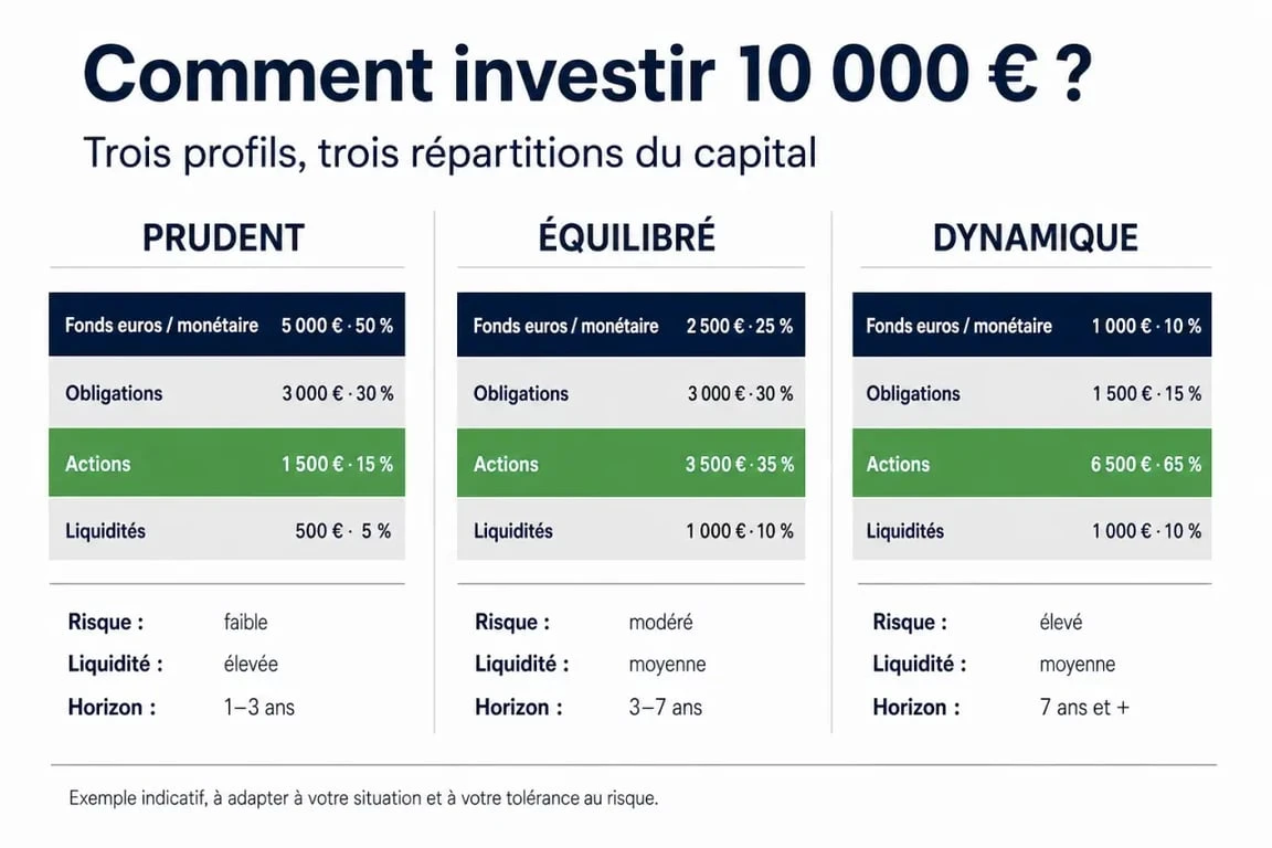 Comment investir 10000 euros : répartition prudente, équilibrée et dynamique en infographie