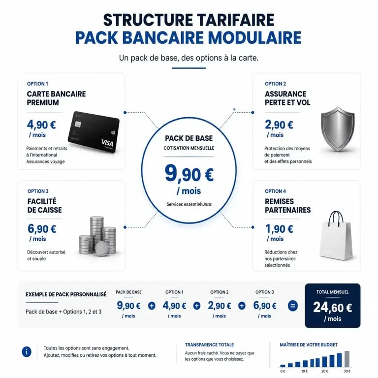Infographie explicative de la structure tarifaire du pack Esprit Libre BNP Paribas et ses options