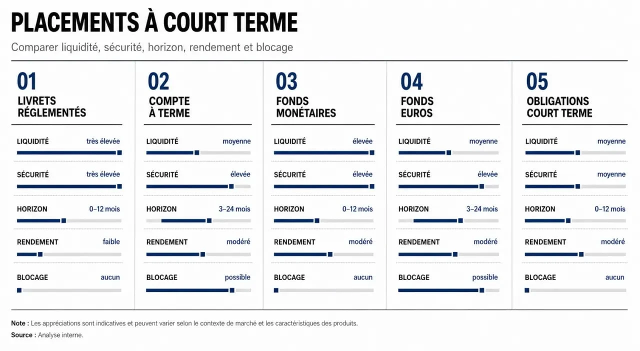 Infographie sur l’investissement à court terme comparant les principales solutions de placement
