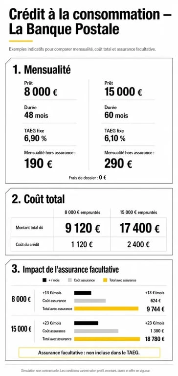 Infographie crédit a la consommation banque postale avec mensualité, coût total et assurance facultative
