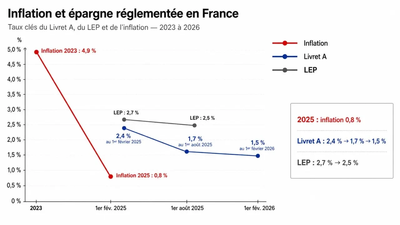 Inflation livret A : graphique comparatif du taux du Livret A, de l’inflation et du LEP sur une même période