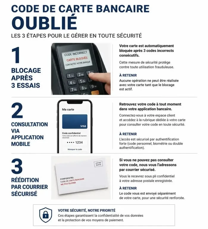 Infographie des étapes à suivre en cas d'oubli de code de carte bancaire