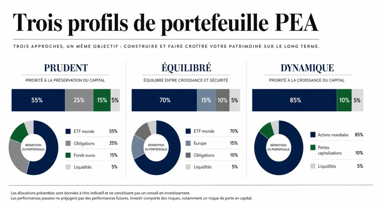 Exemple portefeuille pea avec trois allocations types prudent, équilibré et dynamique