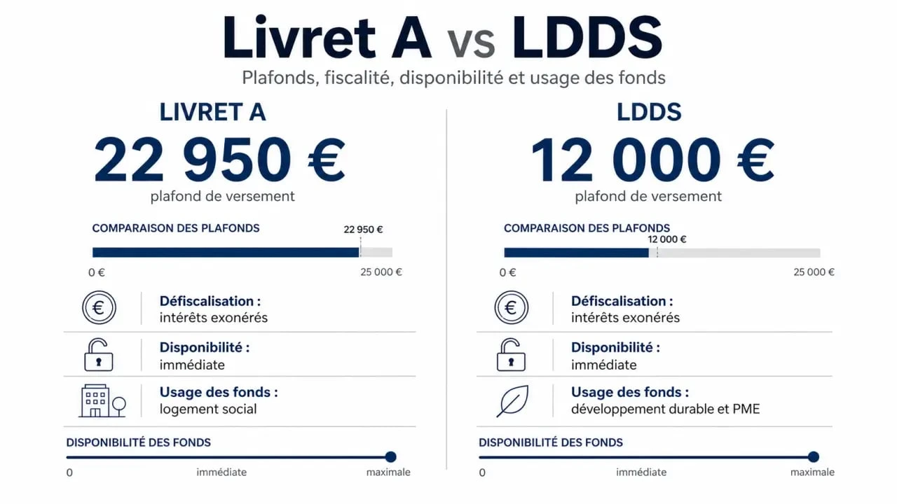 Livret A ou LDDS : comparaison visuelle des plafonds, de la fiscalité et de la disponibilité