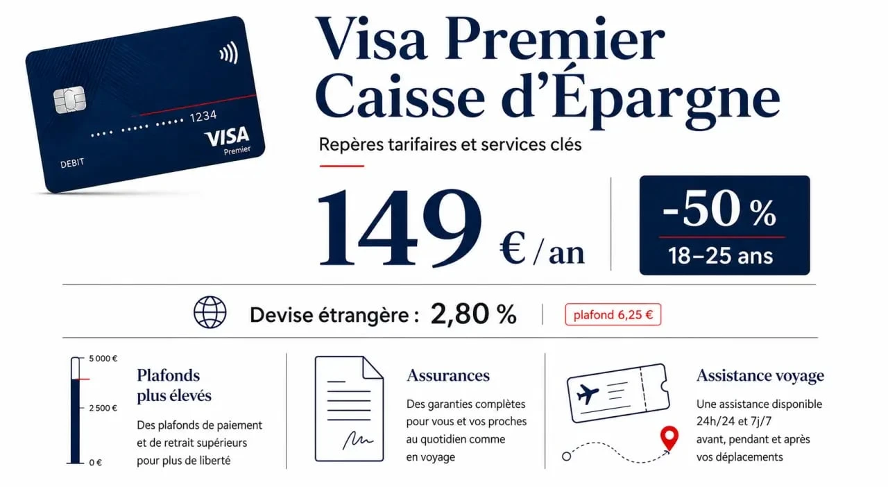 Carte gold caisse epargne tarif : résumé visuel des 149 € par an, de la réduction jeune et des frais à l’étranger
