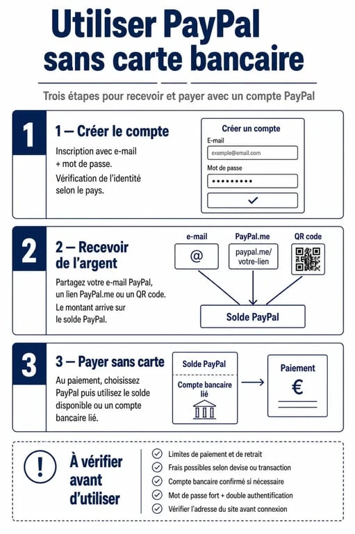 Infographie PayPal sans carte bancaire sur les étapes, limites et usages possibles