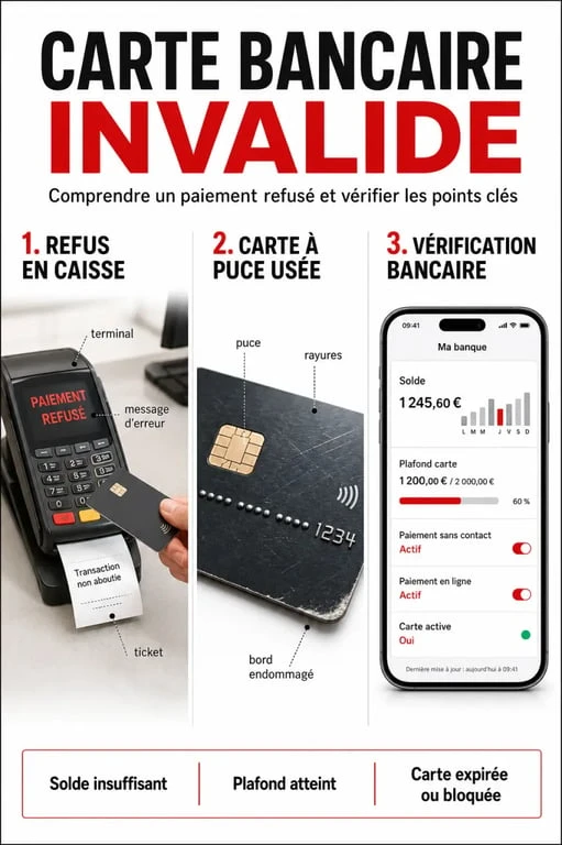 Carte bancaire invalide : causes fréquentes et premiers réflexes à adopter