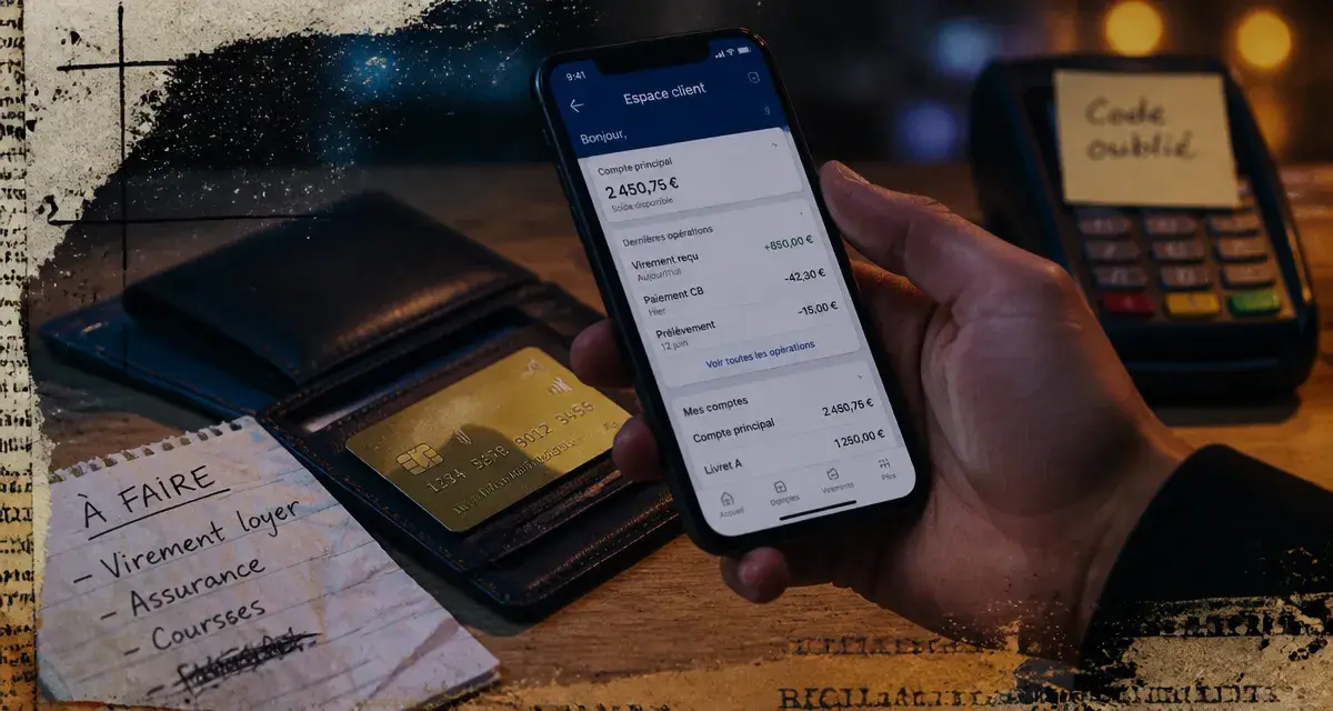 Oubli code carte bleu : téléphone avec espace client et post-it « Code oublié »