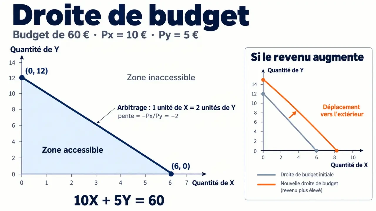 Contrainte budgétaire et droite de budget avec zone de consommation accessible